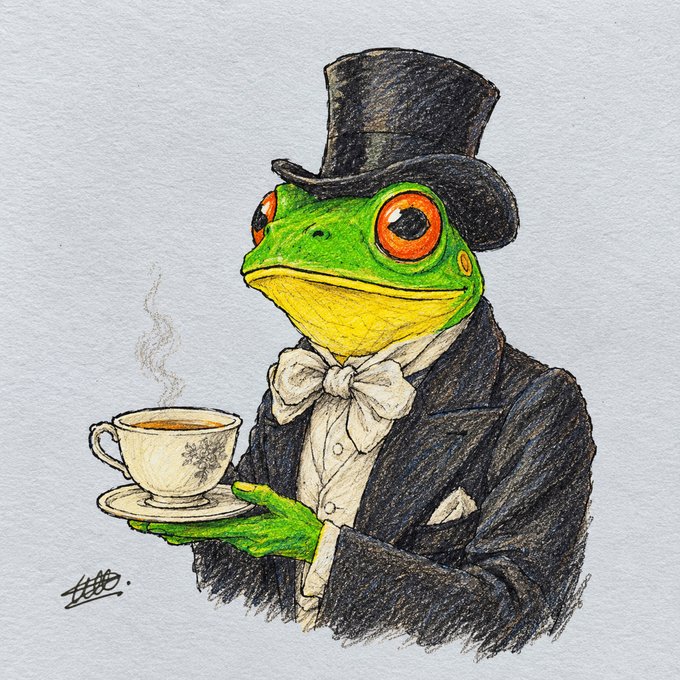 An illustration of a green frog wearing a black top hat and tuxedo, holding a steaming teacup.