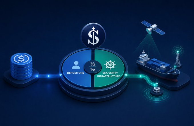 A digital infographic shows a flow from a stack of coins to a central split circle labeled "DEPOSITORS ½" and "SEA VERITY INFRASTRUCTURE ½" beneath a dollar sign, branching out to a cargo ship, satellite, and communications tower.

The image visually maps the post's description of Harbor's Half Sail model, where the central ½/½ split illustrates depositors' funds being routed on Base through Morpho vaults, with half the yield funding maritime verification infrastructure represented by the ship, satellite, and tower.