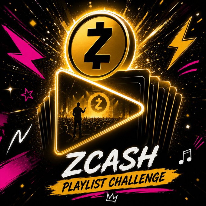 A vibrant promotional graphic for the 'ZCASH PLAYLIST CHALLENGE' featuring the Zcash cryptocurrency logo with lightning bolts and music notes.