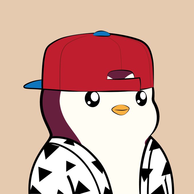 Cartoon illustration of a cute white penguin character wearing a red and blue baseball cap backwards and a white shirt with black triangular patterns.