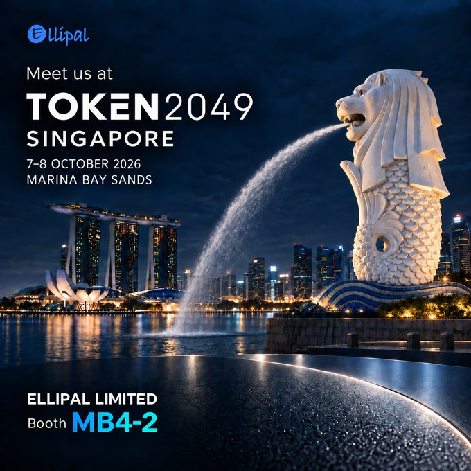 Promotional graphic for ELLIPAL at TOKEN2049 Singapore (Oct 7-8, 2026, Marina Bay Sands, Booth MB4-2), featuring the iconic Merlion statue and skyline in the background.