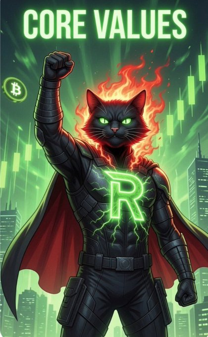 A vibrant digital artwork titled "CORE VALUES" depicting an armored black cat with glowing green eyes and a flaming head in a superhero pose, featuring a glowing green "R" logo and a Bitcoin symbol against a city skyline with candlestick charts.
