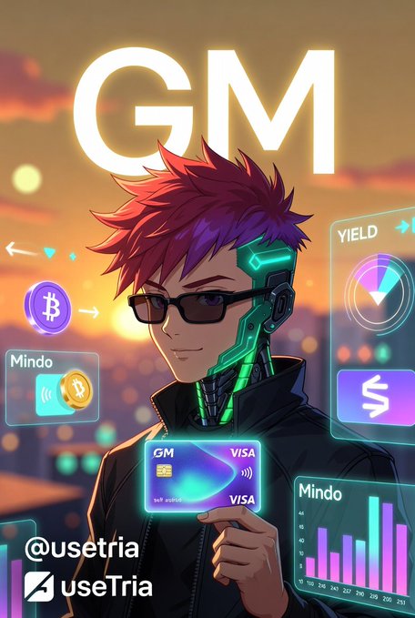 The image features a man with red hair wearing sunglasses, holding up a credit card that says "GM fam" written in white letters. The background of the image shows a city skyline at sunset, creating an urban atmosphere. The post also mentions a campaign called "Mindo Epoch 2", which is about real-world spending and yields.