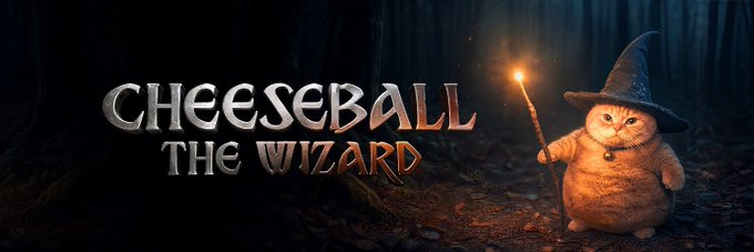 A whimsical banner reading "CHEESEBALL THE WIZARD" features an orange cat dressed as a wizard with a pointed hat and glowing wand, visually tying into the "$WIZARD" token promotion. The magical, fairytale aesthetic reinforces the post's theme of a crypto token carving out its own unique lane rather than following the crowd.