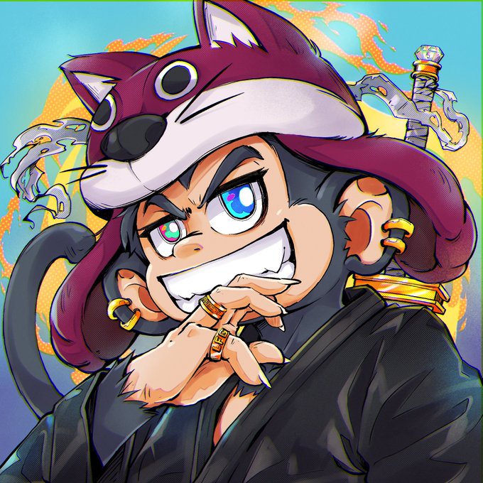 An anime-style illustration of a smiling character wearing a purple wolf-themed hat, displaying heterochromia with one blue and one red eye, with a sword visible behind them.