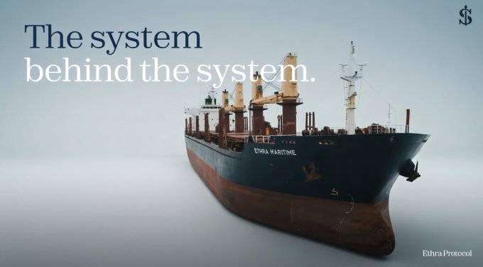 An advertisement for 'Ethra Protocol' features a large cargo ship with 'ETHRA MARITIME' on its hull against a light background, accompanied by the text 'The system behind the system.'