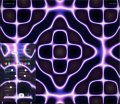 A symmetrical, kaleidoscopic abstract pattern featuring purple, pink, and dark floral-like shapes that repeats in a geometric grid.