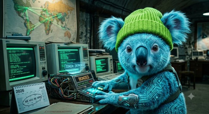 A blue koala wearing a green beanie and circuit-board-patterned fur works at a retro computer terminal in a dimly lit hacker bunker, with screens displaying code, a world map marked with connection lines, and a calendar showing "JULY 2026 WE WILL BE HERE." A device on the desk reads "BONGED" with "$GLITCH" visible, reinforcing the post's message about insiders already positioned on the $GLITCH token while others chase late runners.