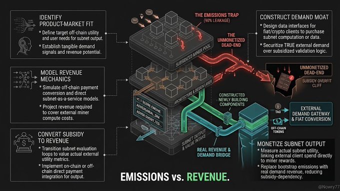 An infographic comparing Emissions vs. Revenue, detailing strategies like identifying product-market fit, modeling revenue mechanics, and converting subsidy to revenue, attributed to @Nowry77.