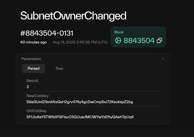 A screenshot of a blockchain transaction titled "SubnetOwnerChanged" (#8843504-0131), recorded 40 minutes ago on Aug 14, 2026, showing parameters Netuid 3, NewColdkey (5GsGUrd...), and OldColdkey (5FUiOAs...), which evidences the on-chain ownership transfer of Bittensor subnet SN3 ("Templar") following its founder's departure.