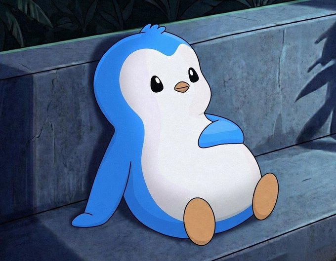 A cartoon blue and white penguin named Pochita sits peacefully against a stone ledge, embodying a calm, grateful morning vibe that matches the cheerful "gm" (good morning) greeting filled with gratitude.