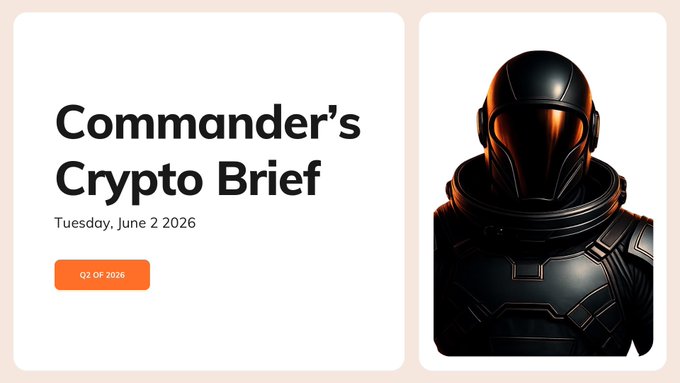 The image features a poster for a cryptocurrency exchange with two photos of people wearing suits and helmets. The poster has white text that reads "Commander's Crypto Brief" and includes a date and time stamp, as well as some numbers. The background is gray, providing a neutral backdrop to the content displayed on the poster.