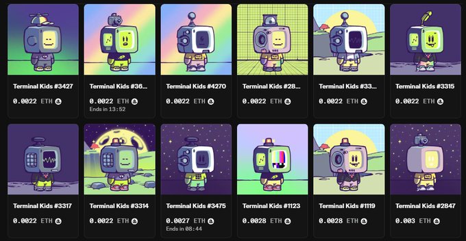 A grid of cartoon 'Terminal Kids' NFT collectibles priced at 0.0022 ETH each, displayed on a marketplace interface with various numbered editions like #3427, #36..., #4270.