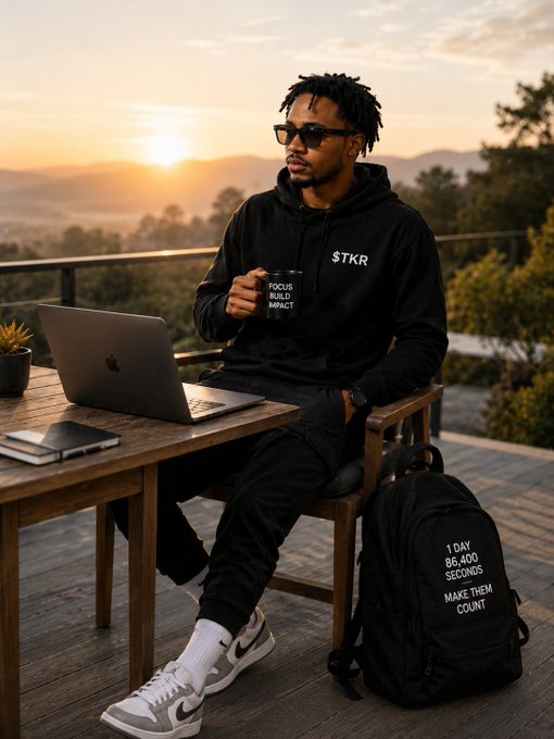 A young man wearing sunglasses and a black '$TKR' hoodie sits at a wooden table on a balcony at sunset, working on a MacBook with a coffee mug and a backpack displaying motivational text.