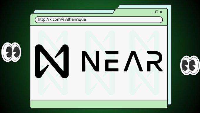 The image features a green screen with the words "NEAR" written in black letters, accompanied by two cartoon eyes. The text also includes the website URL "http://www.8henrique.com/near". The background of the image is a dark green color and has a white border. There are three cartoon eyes placed at different positions on the screen, with one located near the top left corner, another in the middle right side, and the third one towards the bottom center.