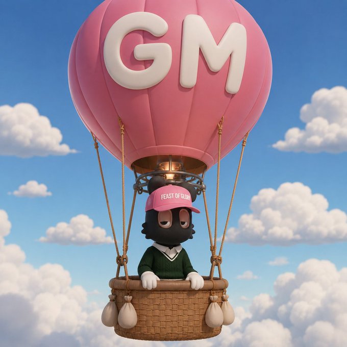 A 3D-rendered character wearing a pink 'FEAST OF GLORY' cap rides in a pink hot air balloon basket, with the letters 'GM' displayed on the balloon against a cloudy blue sky.