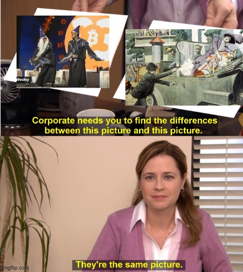 A woman in a purple cardigan holds up two images—a Bitcoin conference scene and a classical painting—while text overlays read "Corporate needs you to find the differences between this picture and this picture" and "They're the same picture." The meme draws a parallel between corporate AI alignment ("the cathedral scene") and Bitcoin's Taproot Wizards, suggesting that despite surface-level differences, both serve as Wizards concealing deeper, possibly darker intentions.