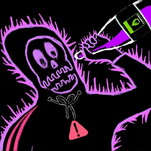 A stylized digital drawing shows a purple hooded skeleton holding a glowing syringe, with a small red warning triangle below.