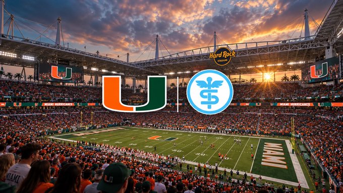 A panoramic view of Hard Rock Stadium during sunset, featuring University of Miami (U) and a medical/caduceus logo overlay, with 'MIAMI' visible on the end zone of a packed football field.
