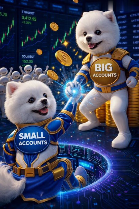 Two cartoon dog characters in superhero-style uniforms stand on a glowing circuit board; one wears a blue and gold suit labeled 'SMALL ACCOUNTS' while the other wears a white and gold suit labeled 'BIG ACCOUNTS'. Behind them, digital trading screens display tickers like 'ETH/USDT' and 'SOL/USDT' with green candlestick charts and floating gold coins.