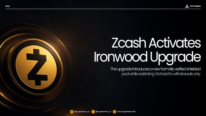 A dark promotional graphic announces 'Zcash Activates Ironwood Upgrade,' describing the introduction of a new formally verified shielded pool while restricting Orchard to withdrawals only, branded with the Crypto News logo.