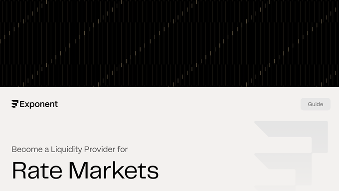The image is a webpage header for Exponent featuring the text "Become a Liquidity Provider for Rate Markets," with a dark decorative banner above showing subtle diagonal line patterns. This visually introduces the accompanying post about earning fees by supplying liquidity to onchain rate markets through Exponent's platform.