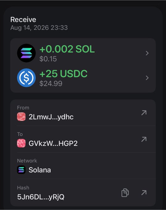 A cryptocurrency transaction receipt showing receipt of +0.002 SOL ($0.15) and +25 USDC ($24.99) on the Solana network, transferred from address 2LmwJ...ydhc to GVkzW...HGP2 on Aug 14, 2026. The image confirms the user's claim of winning $24.99 worth of crypto from a giveaway.