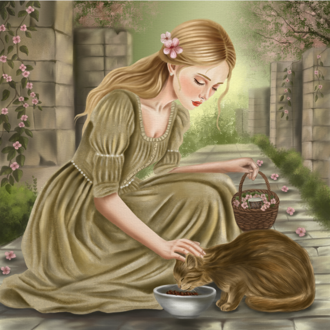 Digital illustration of a blonde woman in a beige dress kneeling on a stone path, petting an orange tabby cat that is drinking milk from a bowl, with a flower basket beside her.