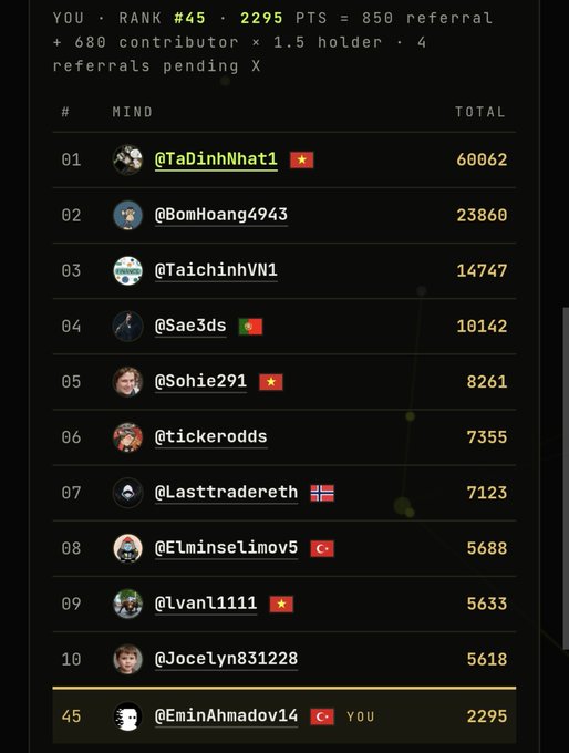A leaderboard screenshot showing 'YOU' ranked #45 with 2295 PTS, listing top users like @TaDinhNhat1 (60062) and @BomHoang4943 (23860).