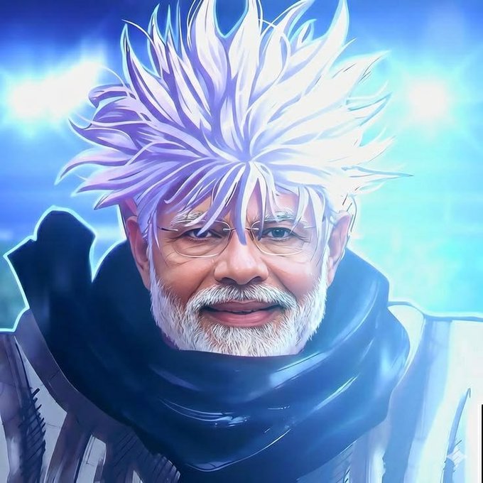 A stylized digital illustration portrays an elderly man with glasses, a white beard, and wild spiky white hair, wearing a dark cowl against a glowing blue background.