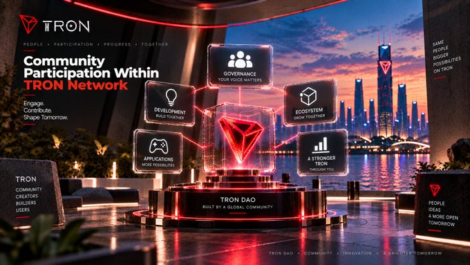 A promotional graphic for the TRON Network showcases 'Community Participation Within TRON Network' with categories like Governance, Development, and Ecosystem around a central glowing TRX diamond.