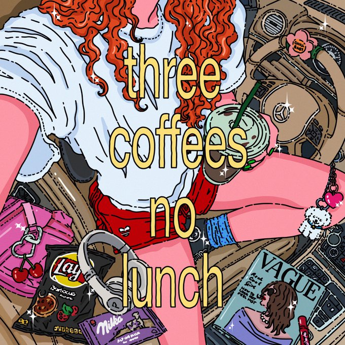 An illustrated illustration of a woman with curly red hair holding an iced coffee, surrounded by snacks including Lay's chips and a Vague magazine, with text reading "three coffees no lunch".