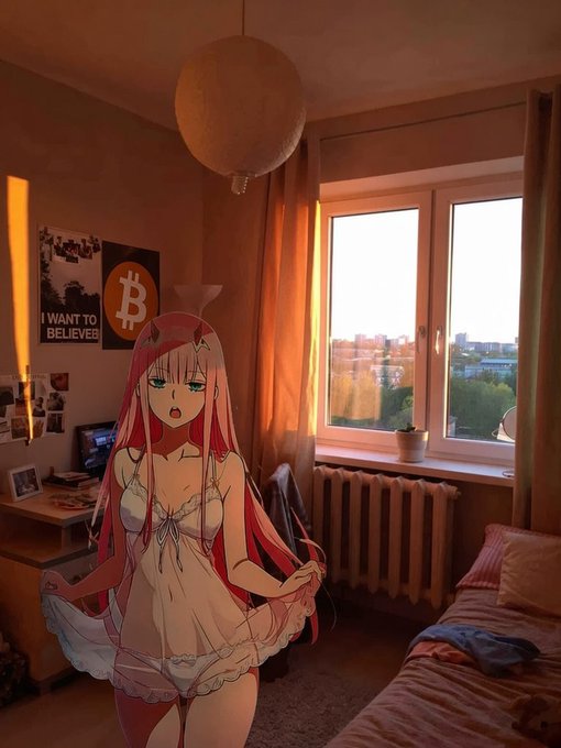 An anime girl with long pink hair wearing a white dress stands in a bedroom at sunset, with Bitcoin posters reading 'I WANT TO BELIEVE' on the wall behind her.