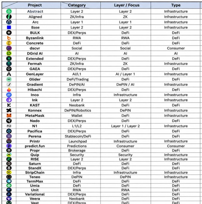 A spreadsheet listing blockchain projects with columns for Project, Category, Layer/Focus, and Type, including entries like Abstract, Aligned, Arc, Base, BULK, Inco, MetaMask, StripeChain, and Variational, categorized as Infrastructure, DeFi, or Consumer.