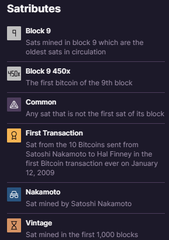 A blurred screenshot shows 'Sattributes' (Sat Rarity) from the Bitcoin Ordinals collection, listing attributes like Block 0, Block 0.415X, Common, Genesis, Nakamoto, and Vintage.