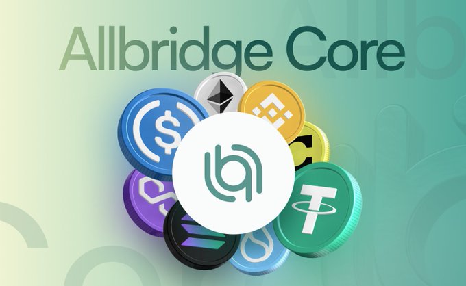 A promotional graphic for 'Allbridge Core' featuring a central logo surrounded by cryptocurrency coins including USDC, Ethereum, BNB, and Tether on a green gradient background.