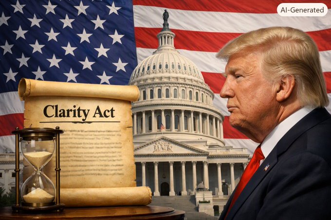 The image shows a profile of President Trump alongside the U.S. Capitol building, an American flag, and a scroll labeled "Clarity Act" with an hourglass, visually emphasizing the urgent deadline for the Senate to pass the Crypto Clarity Act before August recess. The "AI-Generated" watermark appears in the top right corner.