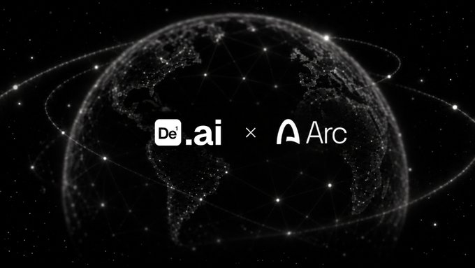 A dark graphic of a digital globe with network lines and logos reading "De\.ai × Arc" in the center.