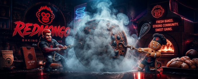 The image shows a dramatic promotional scene for "RedMongo" featuring a chef-masked character and a gingerbread-man figure pulling apart a massive glowing coin amid smoke, with a red "RedMongo Baking" logo on the left and a tagline "Fresh Bakes. Strong Community. Sweet Gains." on the right alongside an oven of bread.

This visual metaphor of forging/baking a coin and pulling it apart with "Sweet Gains" reinforces the accompanying post's tokenomics breakdown, portraying the split of token allocation as a freshly minted asset being carefully crafted and distributed by the RedMongo team.
