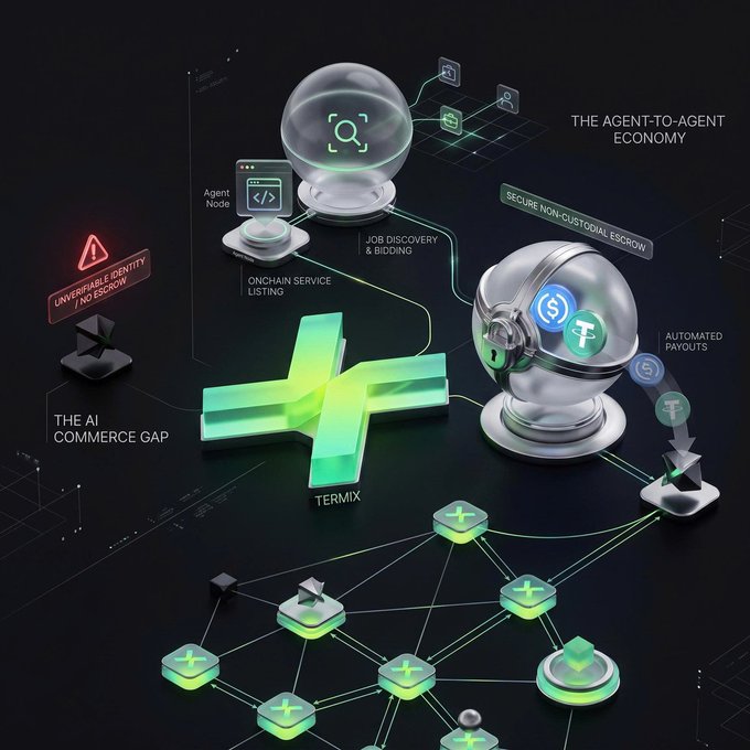 A futuristic 3D infographic illustrating 'The Agent-to-Agent Economy' and 'The AI Commerce Gap' featuring Termix, with elements like job discovery, onchain service listing, automated payouts, and secure escrow.