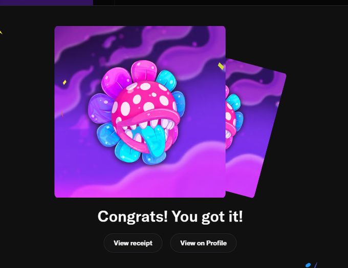 A digital art piece showing a pink and blue carnivorous plant-like creature with teeth and a tongue on a purple background, with 'Congrats! You got it!' text and 'View receipt' and 'View on Profile' buttons.