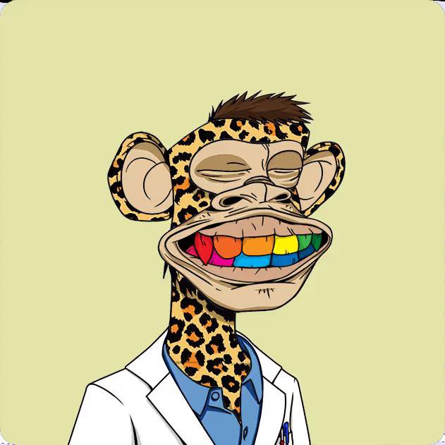 A digital illustration of a Bored Ape-style character with leopard print skin, rainbow-colored teeth, and a white lab coat on a pale yellow background.