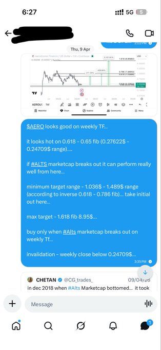 A screenshot of a Telegram chat showing a crypto trading analysis for $AERO on the weekly timeframe, with targets of 1.036$-1.489$ (minimum) and 1.618$ (maximum), referencing ALTS marketcap breakout above 0.27622$-0.24709$ and invalidation on weekly close below 0.24709$.