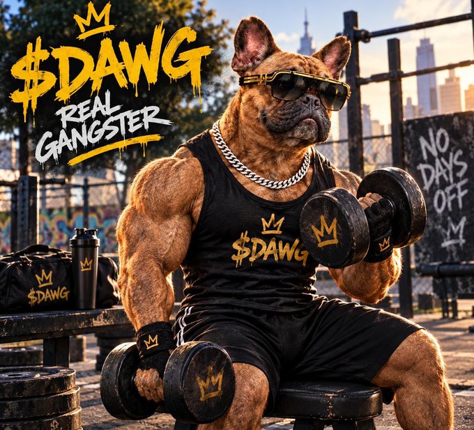 An AI-generated image of a muscular dog wearing sunglasses, a gold chain, and a black tank top branded with '$DAWG', lifting dumbbells in an urban setting.