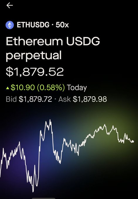 The image shows a Robinhood trading screen displaying the ETHUSDG perpetual contract (Ethereum) priced at $1,879.52, up $10.90 (0.58%) for the day, with a bid of $1,879.72 and ask of $1,879.98, accompanied by a price chart. This appears to be the trading interface referenced in the post about the Lighter x Robinhood rewards campaign, highlighting the platform's access to Ethereum perpetual trading.