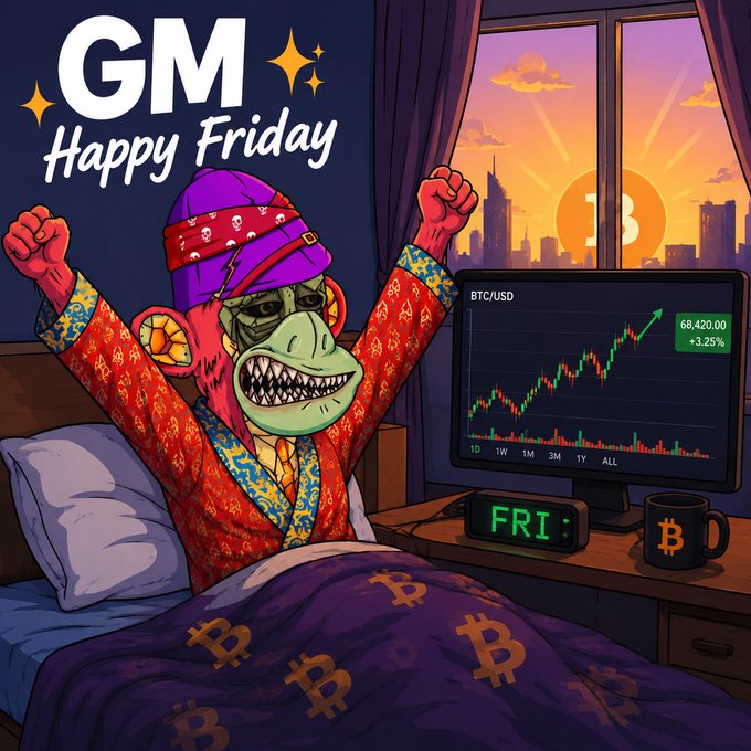 A cartoon monkey in pajamas celebrates "GM, Happy Friday" with both fists raised, while a monitor displays a BTC/USD chart showing Bitcoin at $68,420.00 (+3.25%) and a digital clock reads "FRI" beside a Bitcoin-branded coffee mug, perfectly capturing the bullish crypto weekend mood.