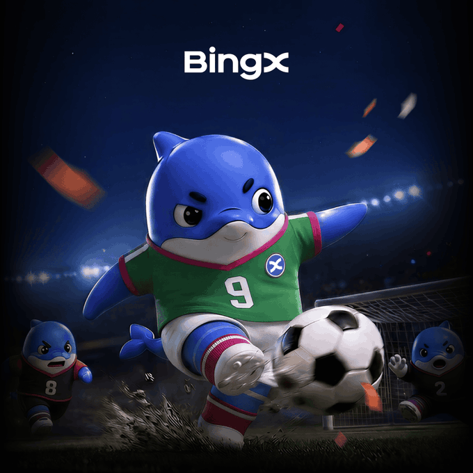 A blue dolphin mascot wearing a green jersey with the number 9 and a BingX logo kicks a soccer ball during a stadium match, with the "BingX" branding at the top.