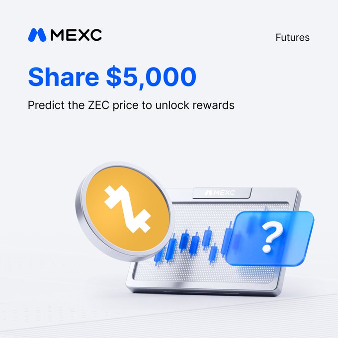 A MEXC Futures promotional graphic featuring a yellow Zcash (ZEC) coin beside a candlestick chart and a blue question mark, inviting users to predict ZEC's next price move to share in a $5,000 reward pool.