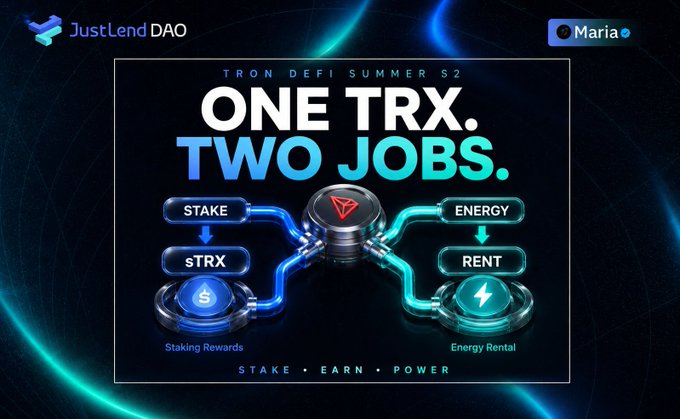 A graphic for "JustLend DAO" advertises "TRON DEFI SUMMER S2" with the headline "ONE TRX. TWO JOBS." It illustrates a process where staking TRX yields sTRX for Staking Rewards and provides Energy for Energy Rental.
