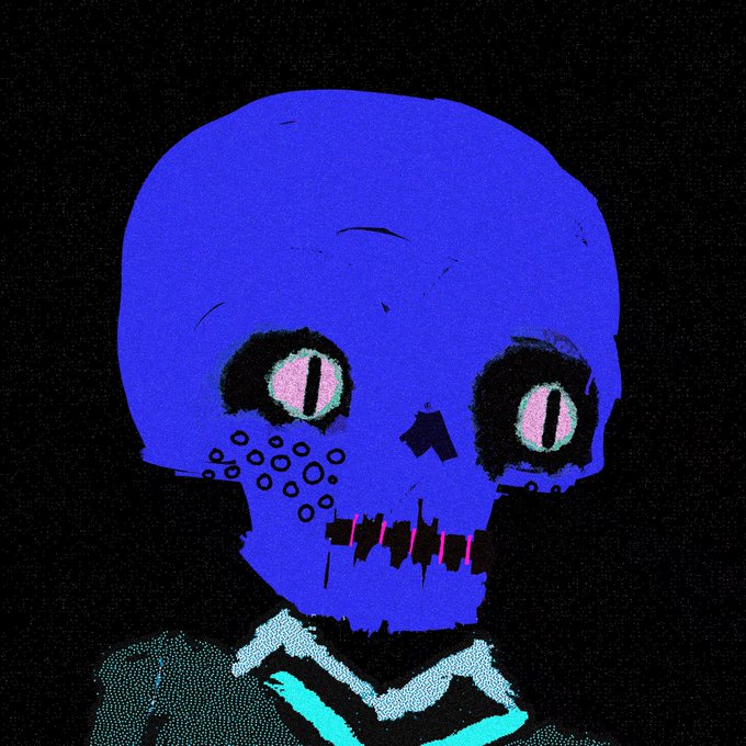 A stylized digital illustration of a blue skull with glowing pink eyes and stitched details on a dark background, accompanied by the enthusiastic text "LFG!!" — the bold, chaotic skull imagery amplifying the hype and excitement of the message.